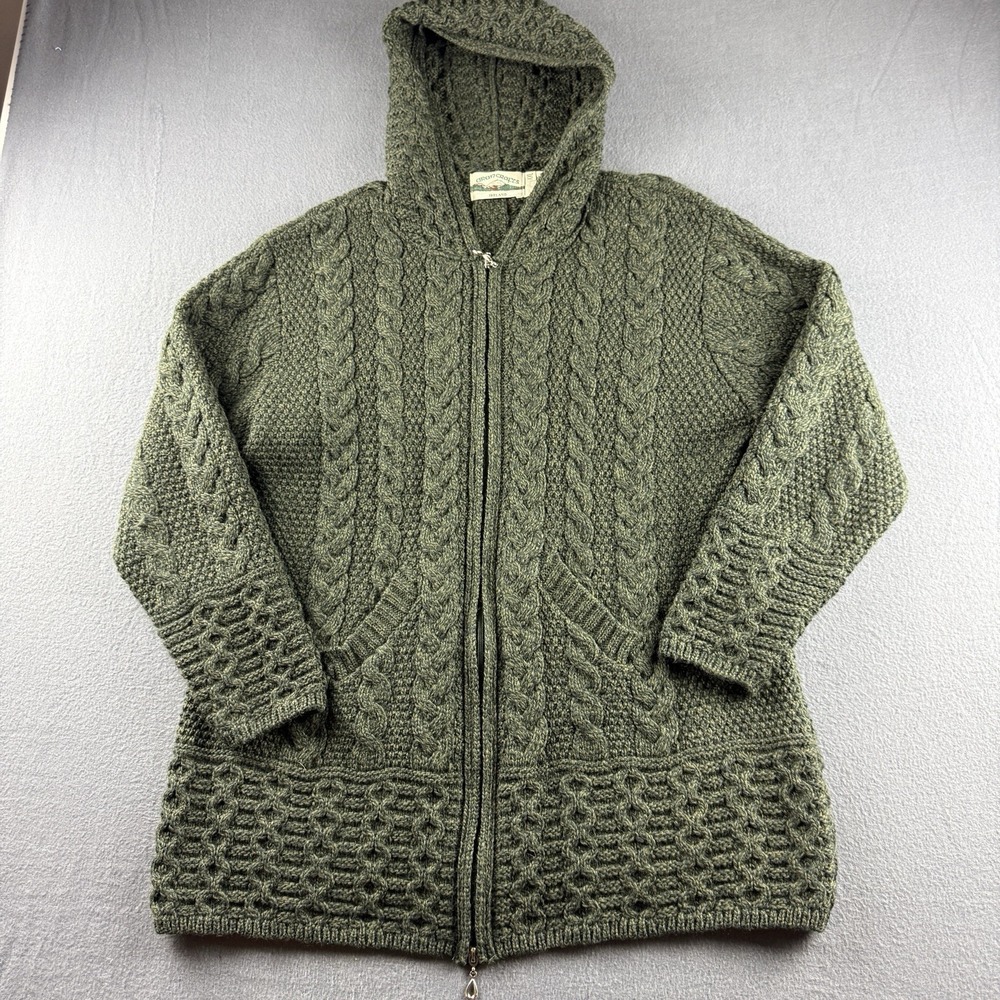 Aran Crafts Hoodie Women's 2XL Green Merino Wool Fisherman Cable Knit Full Zip - Picture 2 of 10